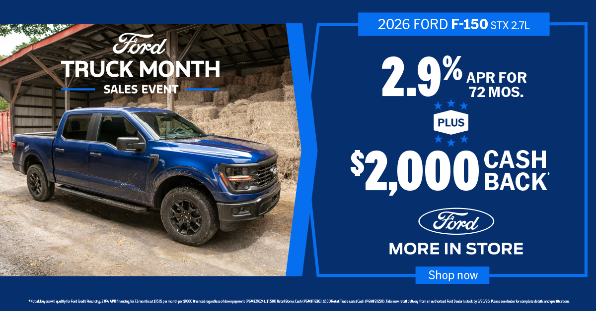 2026 Ford F-150 STX 2.7L: 2.9% APR for 72 months + $2,000 cash back. Offer ends September 30, 2026. See offer details below.